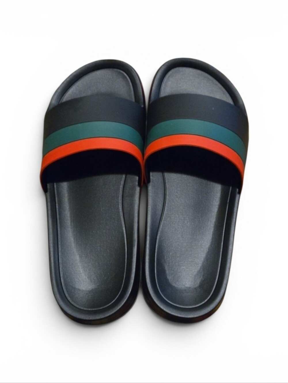 Black Slide Sandals with Green and Red Stripes